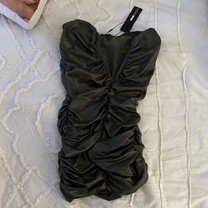 Fashion Nova Dark Satin Ruched Mini Dress